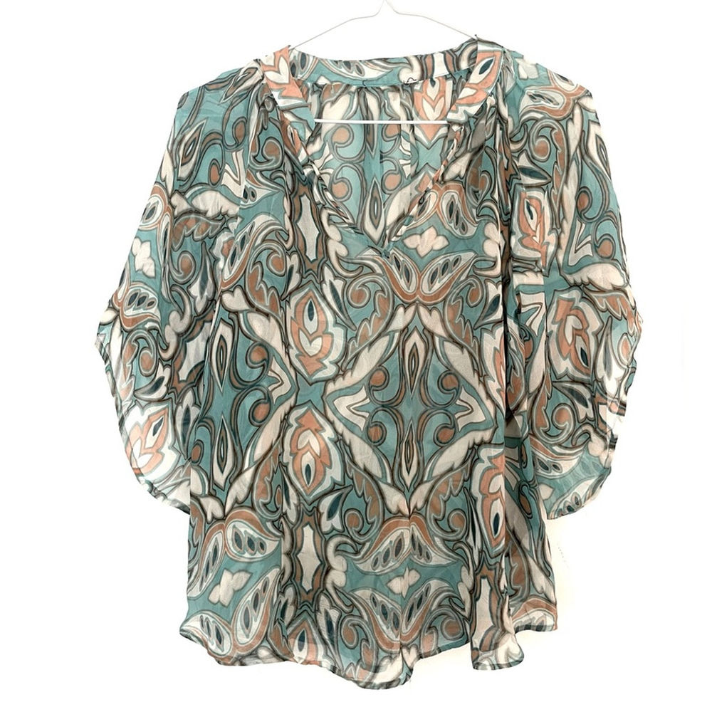le chateau silk vintage printed Teal and Brown Patterned Women's Top blouse